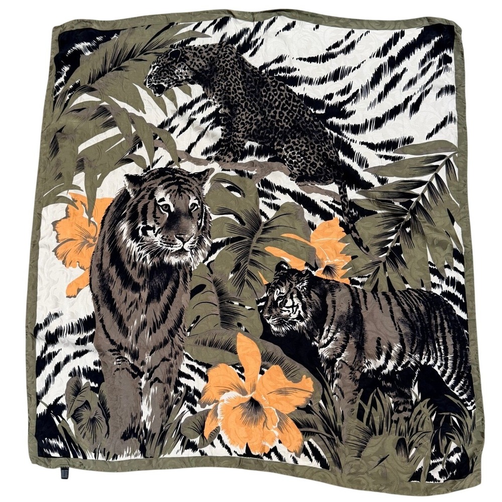 Vintage Italian Silk Scarf Green Tiger Leopard Floral Animal Print 32x34 Safari